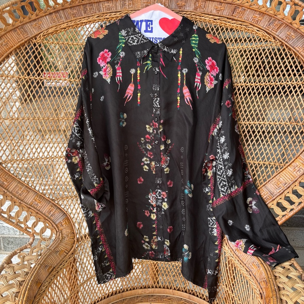 Johnny Was Black Floral Silk Feza Boxy Blouse NWT